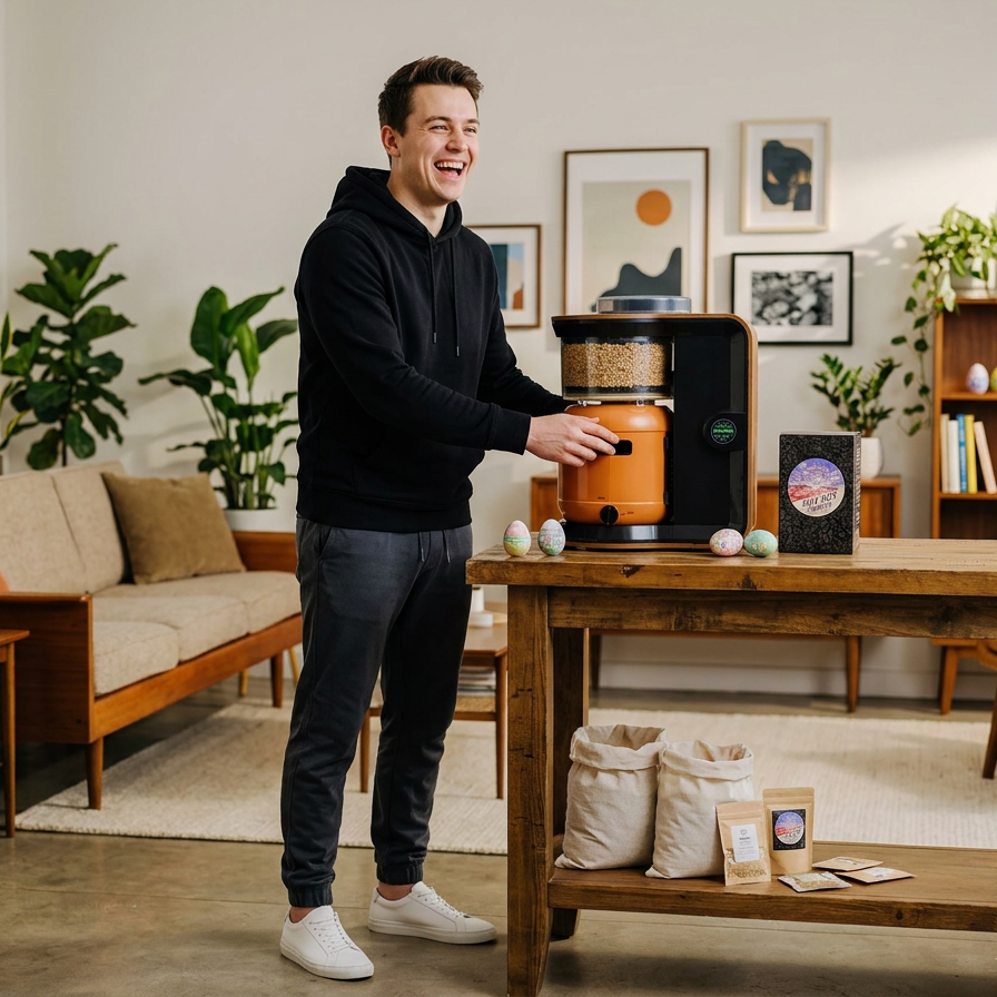 Man holding a minibrew beer maker in a living room with plants and furniture.