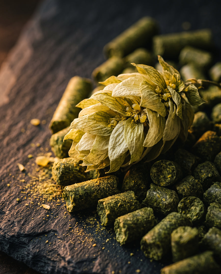 Hop pellets and a whole hop cone