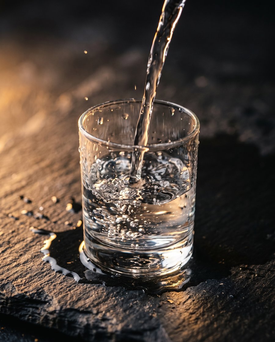 Water pouring into a glass on dark slate